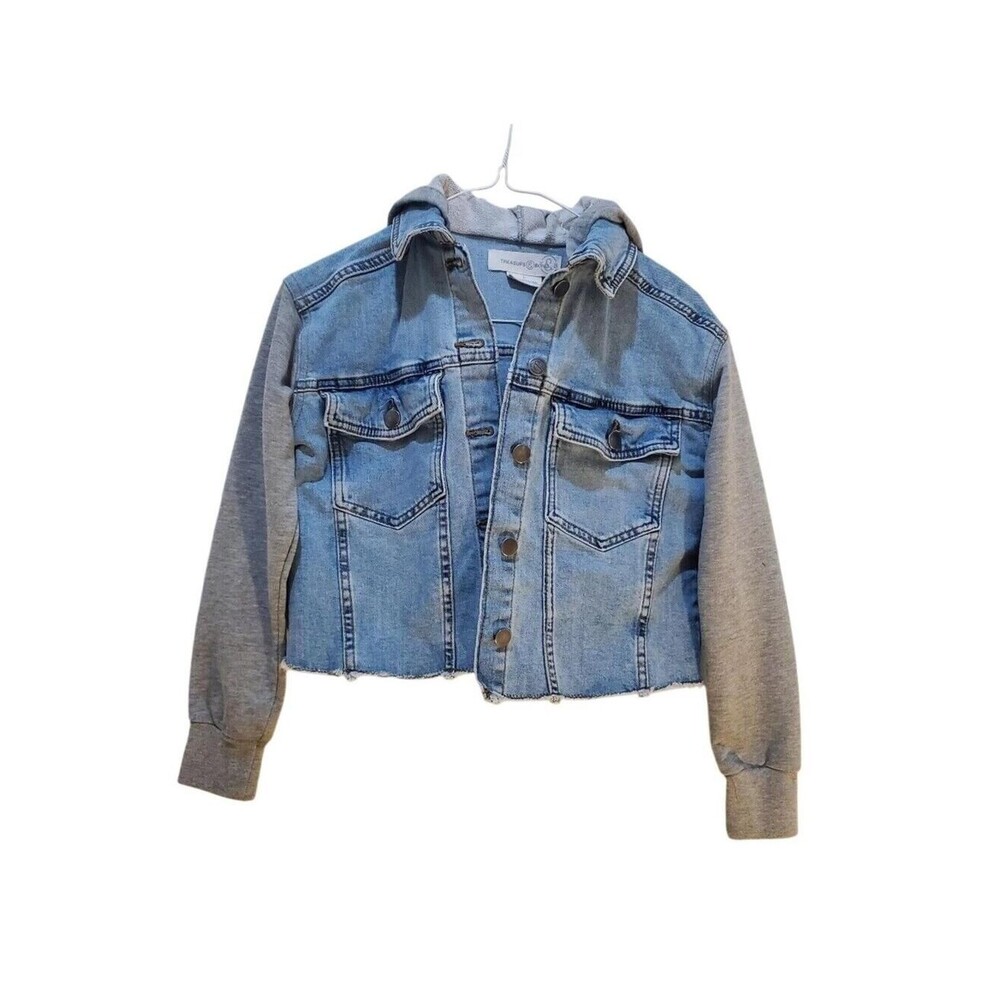 Treasure & Bond Denim Jacket Hoodie Raw Hem Jean Jacket Casual Blue